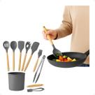 Kit 12 Utensílios De Cozinha Em Silicone E Cabo De Madeira