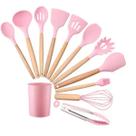 Kit 12 Utensílios De Cozinha Em Silicone E Cabo De Madeira