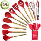 Kit 12 Utensílios de Cozinha Silicone Conjunto Cabo de Madeira Copo Suporte
