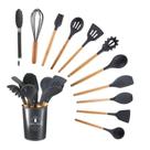 Kit 12 Utensílios de Cozinha Silicone Conjunto Cabo de Madeira Copo Suporte - Tribo