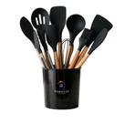 Kit 12 Utensílios De Silicone Cozinha Conjunto Colheres Escumadeira Concha Jogo Utensilio Silicone Bambu Resistente Antiaderente Completo Cozinha