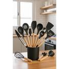 Kit 12 Utensílios Silicone Preto Cabo Madeira C/ Balde