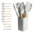 Kit 12pçs Talheres silicone madeira Cinza cozinha
