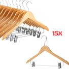 Kit 15 Cabides de Madeira com Presilhas Organização Guarda Roupa Vestido Camiseta Camisa Blazer Calça Saia Pijama Verniz
