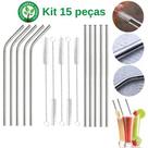 Kit 15 Peças Canudo Reto, Curvo e Escovinha Limpeza Inox 10 Canudos 05 Escovas
