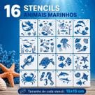 Kit 16 Stencils Conjunto Animais Marinhos Mar Oceano Pintura Molde Infantil Modelo Desenho Criaturas Sereia Fund