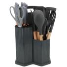 Kit 19 Pç Silicone Cabo Madeira Facas Tábua Pote Organizador COR:CINZA