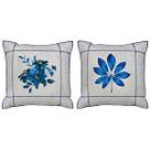 Kit 2 Almofadas Linho Folha Flor Azul Drapeada Luxuosa 45x45 Kit 2 Almofadas Linho Folha Flor Azul Drapeada Luxuosa 45x45