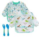 kit 2 Babadores Dino Cactos Manga Longa Talheres Estojo Buba