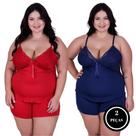 Kit 2 Baby Doll Feminino Plus Size Blusa e Short de Dormir Simone MARINHO E VERMELHO