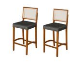 Kit 2 Banquetas Altas Pés Em Madeira Maciça Com Encosto em Rattan e Assento Estofado Conforto, Design Clássico e Elegância para Cozinha ou Balcão