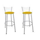 Kit 2 Banquetas Altas Prata com Encosto Assento Amarelo