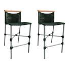 Kit 2 Banquetas Anne em Corda Náutica Base em Alumínio Cinza com Detalhe em Madeira Verde Musgo