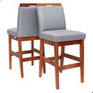 Kit 2 Banquetas Baixa 60cm Estofada com encosto Bancada Americana Cozinha Linho Madeira de Eucalipto Maciça Area Gourmet