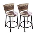 Kit 2 Banquetas Baixas Preta com Encosto Junco Capuccino Assento Floral Marrom