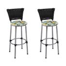 Kit 2 Banquetas Médias Prata com Encosto Junco Preto Assento Floral Branco
