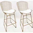 Kit 2 Banquetas para Cozinha média Bertoia maciça cor Dourado fosco assento branco altura 60cm