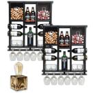 Kit 2 Barzinhos de Parede Adega de Madeira Maciça para 7 Garrafas com Porta Rolhas, Tampinhas e Taças