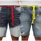 Kit 2 Bermudas Jeans Masculina Escura e Marmorizada com Detalhes Claros e Puídos