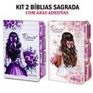 Kit 2 Bíblia Sagrada Evangélica Com Índice Abas Adesivas - Menina Lilás e Flores Aquarelas C/ Harpa