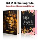 Kit 2 Biblias Sagrada Letra Gigante Luxo Popular - Black Flowers e Leão Fortune Com Harpa - RC
