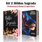 Kit 2 Biblias Sagrada Letra Gigante Luxo Popular - Black Flowers e Leão Raio Azul Com Harpa - RC