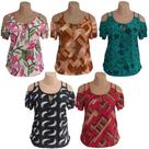Kit 2 Blusa Feminina Ombro Vazado Malha Fria Estampadas