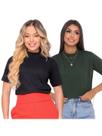 KIT 2 Blusa Manga Curta Gola Alta Malha Ribana Canelada Feminina