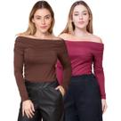 Kit 2 Blusas Feminina Ombro a Ombro com Lateral Franzida Manga Longa