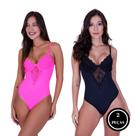Kit 2 Body Feminino Renda Sem Bojo Alça Fina Decotado Sensual- C2 KIT 2 BODY JULIETE PRETO E ROSA
