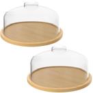 Kit 2 Boleiras Bambu 26,5cm Cúpula Plástica Prato Porta Bolos Doces Tortas Sobremesas Coza