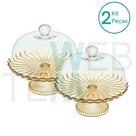 Kit 2 Boleiras de Vidro com Pé e Tampa Pétalas de Jasmin 24cm Dourada Vitazza Prato para Bolo Doce Decoração de Festas Mesa Posta Elegante Sustentável