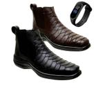 Kit 2 Bota Coturno Casual em Couro Escamado Cano Baixo Ortopédica + Relógio Esportivos