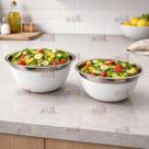 Kit 2 Bowl Inox Tigela 14CM + 16CM BASE BRANCA PREMIUM Fundo Grosso Bacia Saladeira Tigela Moderna