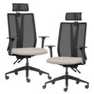 Kit 2 Cadeiras Escritório Giratória Presidente Flow F02 Base Preta Sintético Bege - Lyam Decor