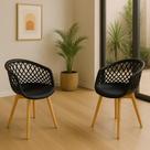 Kit 2 Cadeiras Para Mesa Sala De Jantar Jardim Moderna Luxo Web Preta Base Madeira Varanda Area Gourmet