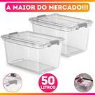 Kit 2 Caixa Cesto Organizadora Transparente C/ Tampa e Trava Proteção 50L