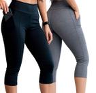 Kit 2 Calça Capri Corsário Suplex Feminina com Bolso Academia Cós Alto