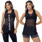 Kit 2 Camiseta Blusa Feminina Comprida De Academia Vest leg Preta com o Texto em Cores Sortidas