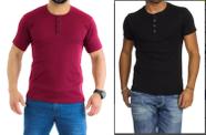 Kit 2 Camiseta Henley Canelado Masculina 4 Botões Slim M Curta