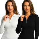 Kit 2 Camisetas Polo Feminina Canelada Manga Longa com Zíper Slim Fit Casual Ajustada