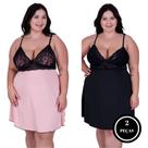 Kit 2 Camisola Plus Size Bicolor Detahe de Renda Roupa de Dormir Confortável de Luxo Sheyla PRETO E ROSÊ