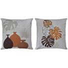 Kit 2 Capas Almofada Linho Abstrata Plantas Terracota 45x45