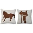 Kit 2 Capas Almofada Linho E Aplique Couro Cavalo Sela 50x50