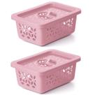Kit 2 Cestos Organizadores Com Tampa Rosa 21x15x9Cm