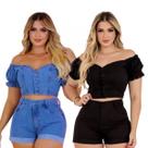 Kit 2 Conjunto Feminino Cor Preto e Jeans Azul Cintura Alto Jeans Feminino Com Elastano Short Levanta Bumbum Kit 2 Conjunto Feminino Cor Preto e Jeans Azul Cintura Alto Jeans Feminino Com Elastano Short Levanta Bumbum