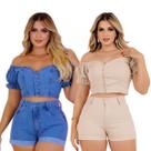Kit 2 Conjunto Feminino Jeans Azul e Bege Cós Alto Jeans Feminino Com Elastano Short Levanta Bumbum Kit 2 Conjunto Feminino Jeans Azul e Bege Cós Alto Jeans Feminino Com Elastano Short Levanta Bumbum