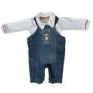 Kit 2 Conjunto Jardineira Jeans Boby Gola Bordado Ursinho