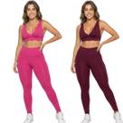 KIT 2 Conjunto Top Bojo Costa Cruzada e Calça Suplex Bella Fiore Roupa Academia Fitness Musculação Tamanho:MCor:Rosa+Vi