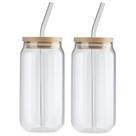 Kit 2 Copo De Vidro 550ml C/ Tampa Hermético Bambu E Canudo